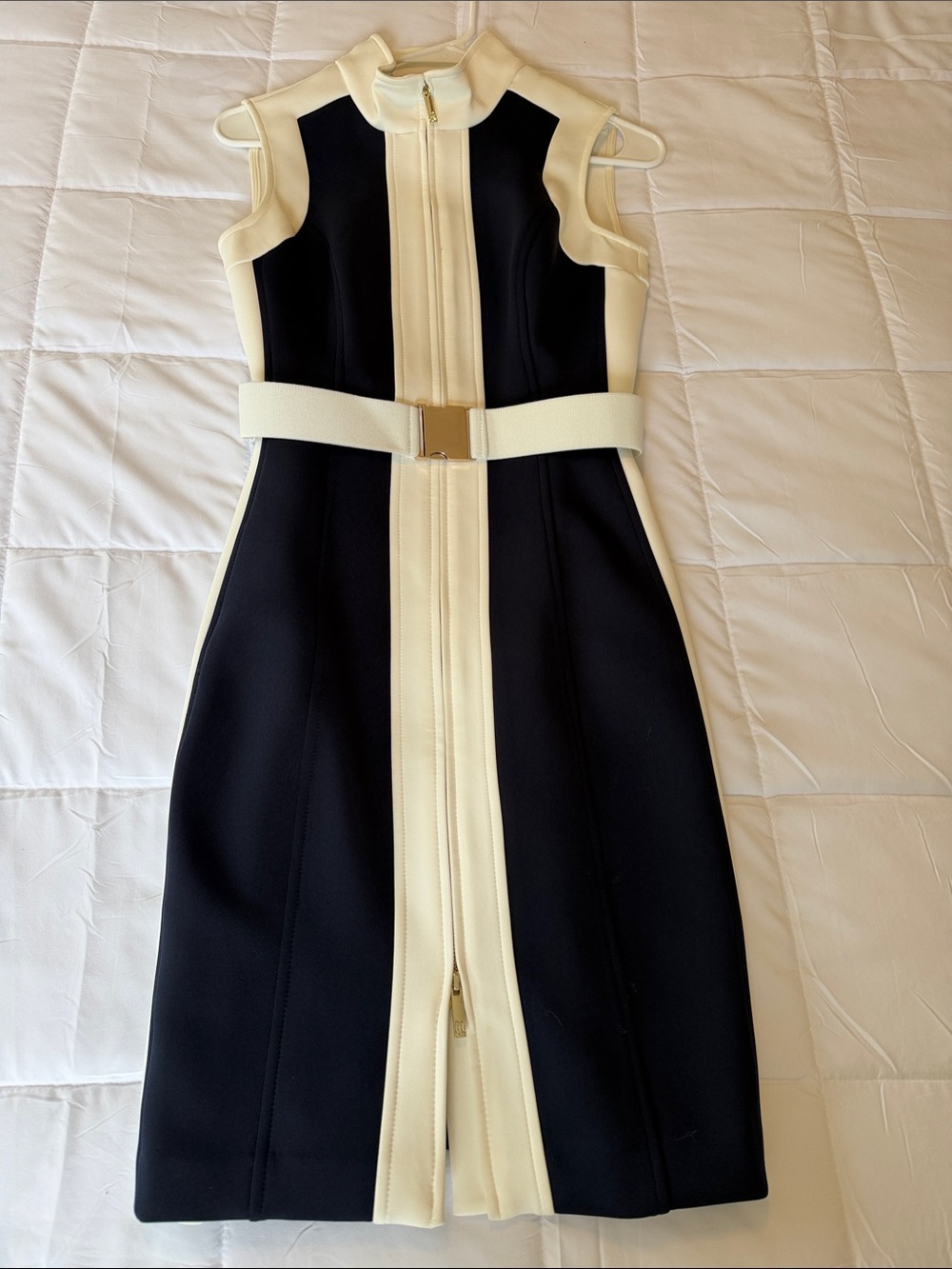 Tommy Hilfiger Navy and Cream Zip-Front Sheath Dress with Belt